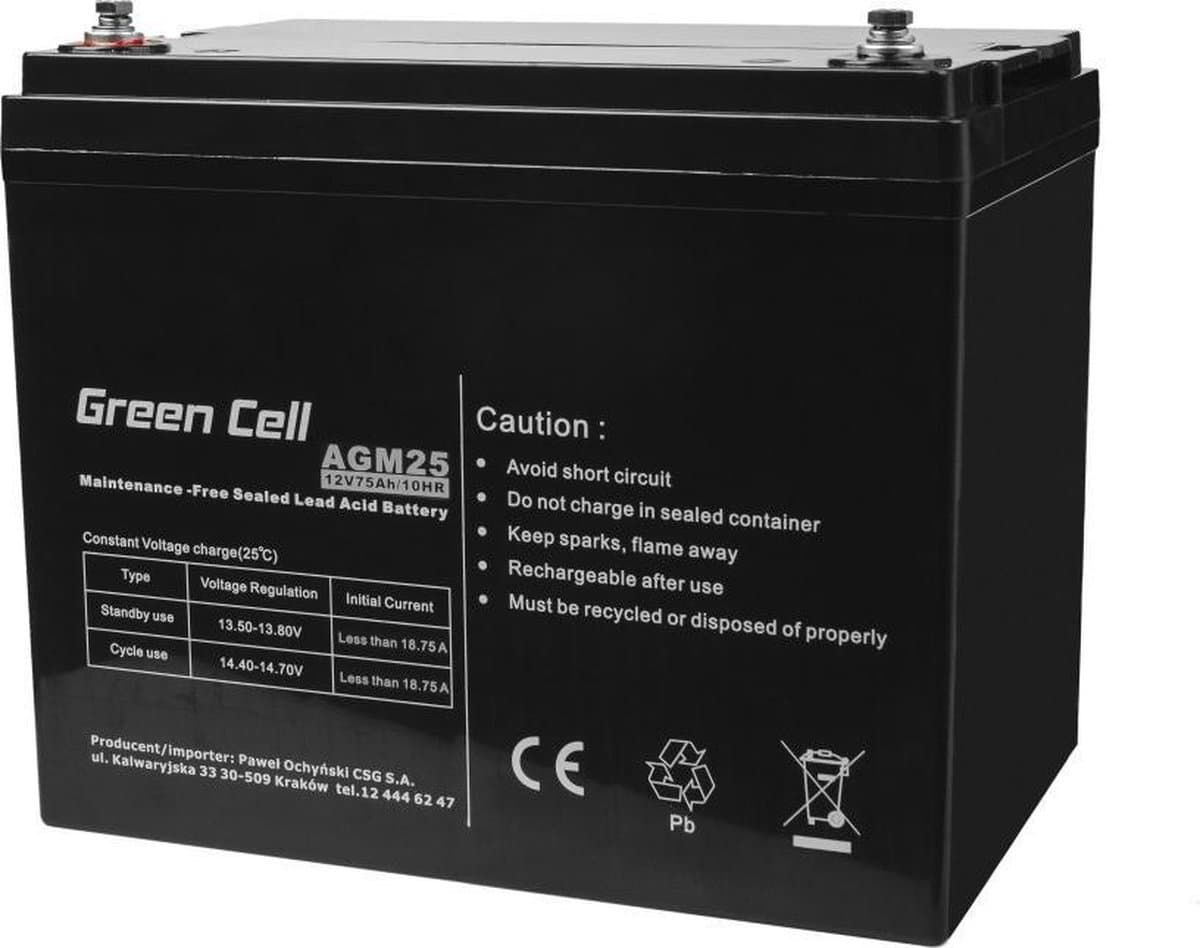 Green Cell 12V 75Ah VRLA AGM accu met B4 Terminal