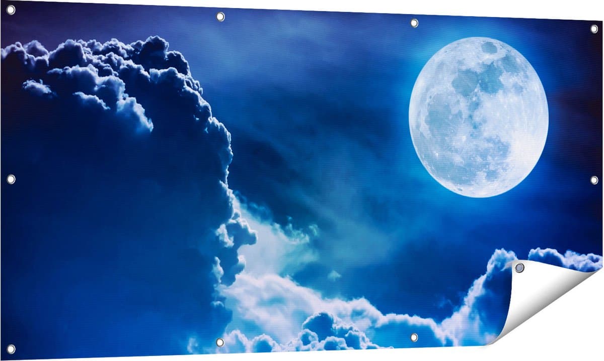 Gards Tuinposter Volle Maan bij Wolken - 140x70 cm - Tuindoek - Tuindecoratie - Wanddecoratie buiten - Tuinschilderij
