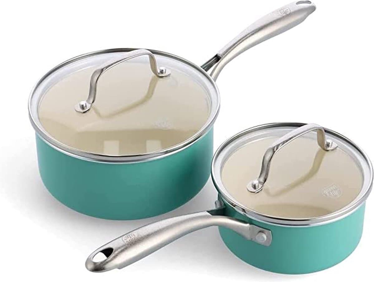 GreenLife Artisan Turkoois Steelpanset 4-delig - PFAS-vrije antikleeflaag - Pannenset inductie - Keramische pan - Ovenbestendig tot 220°C - Vaatwasserbestendig - Met deksel - Turkoois