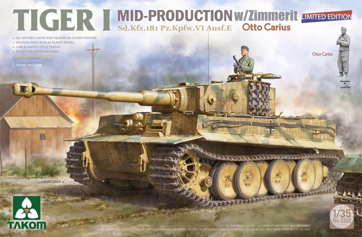 Takom Modelbouwpakket Militaire voertuigen - 2200 Tiger I Mid Production w/zimmerit - Sd.Kfz. 181 Pz.Kpfw. VI Ausf. E Otto Carius Plastic - 1:35 - Modelbouw