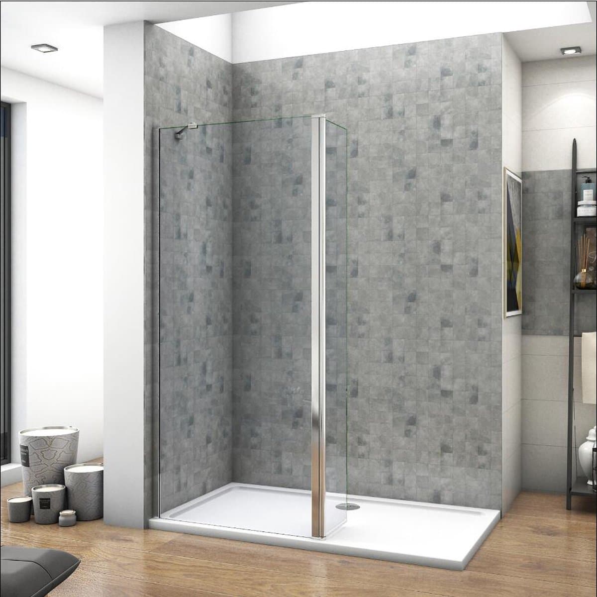 70x200cm inloopdouche + 30x200cm draaibaar hoekprofiel + 45cm Stabilisatiestang 8mm NANO EasyClean veiligheidsglas douchescherm