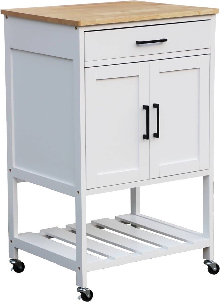 sweeek - Keukentrolley bendor in rubberhout, 56 x 46 x 90 cm, 4 wielen, 1 lade, 2 planken, 1 dubbele deur, hedendaagse stijl