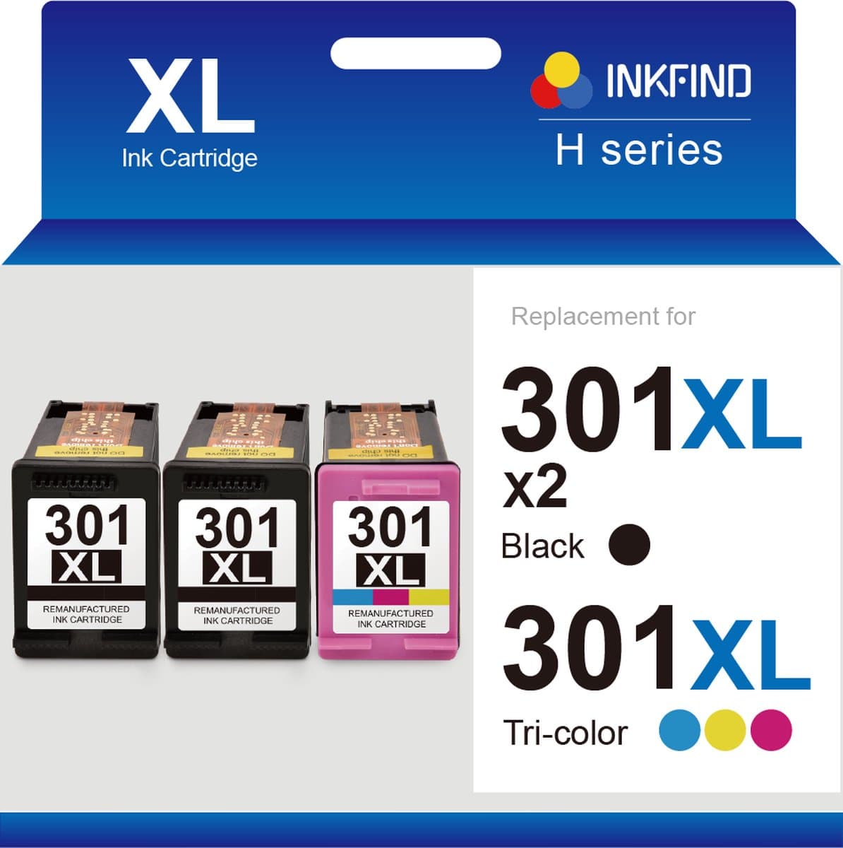 INKFIND 301XL Inktcartridge compatibel met HP301 HP301XL HP 301 HP 301XL CH563EE CH564EE Hoge Capaciteit - 3-pack (Zwart x 2 en Kleur x 1)