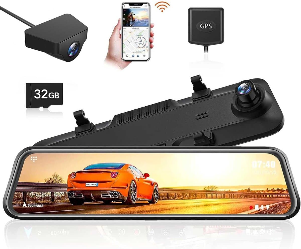 Wolfbox G840H 2K Wifi Gps 32gb Mirror dashcam - Parkeermodus - 12,0 inch touchscreen Lcd - 2.5K + Full HD resolutie - Wifi met App - Gps ontvanger - 32gb Micro SD kaart - Spiegel dashcam en digitale binnenspiegel