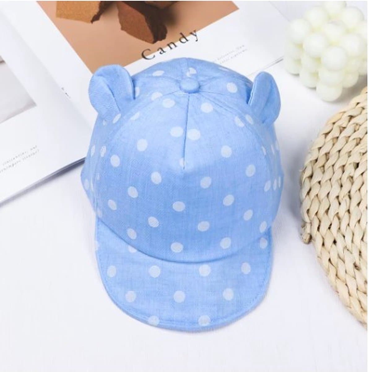 Jumada's Baby Petje met Oortjes - Kinderen Zonnehoed Met Oren - Polka Dot Baby Hat - Katoen - Blauw