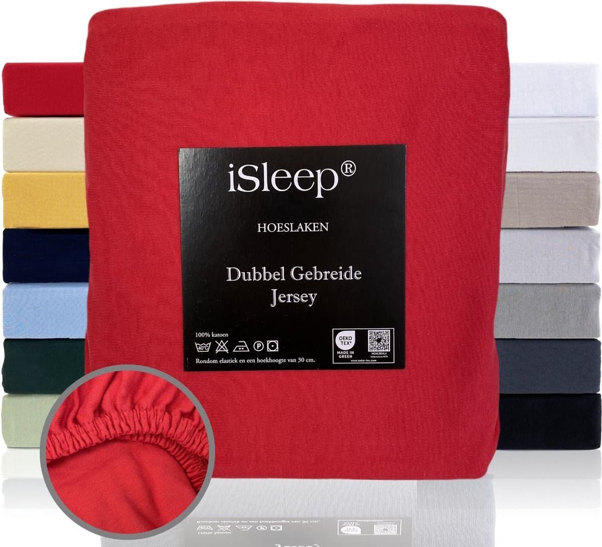 iSleep Dubbel Gebreide Jersey Hoeslaken - Hoge Hoek - Rondom Elastiek - Tweepersoons - 130/140x200 cm - Rood