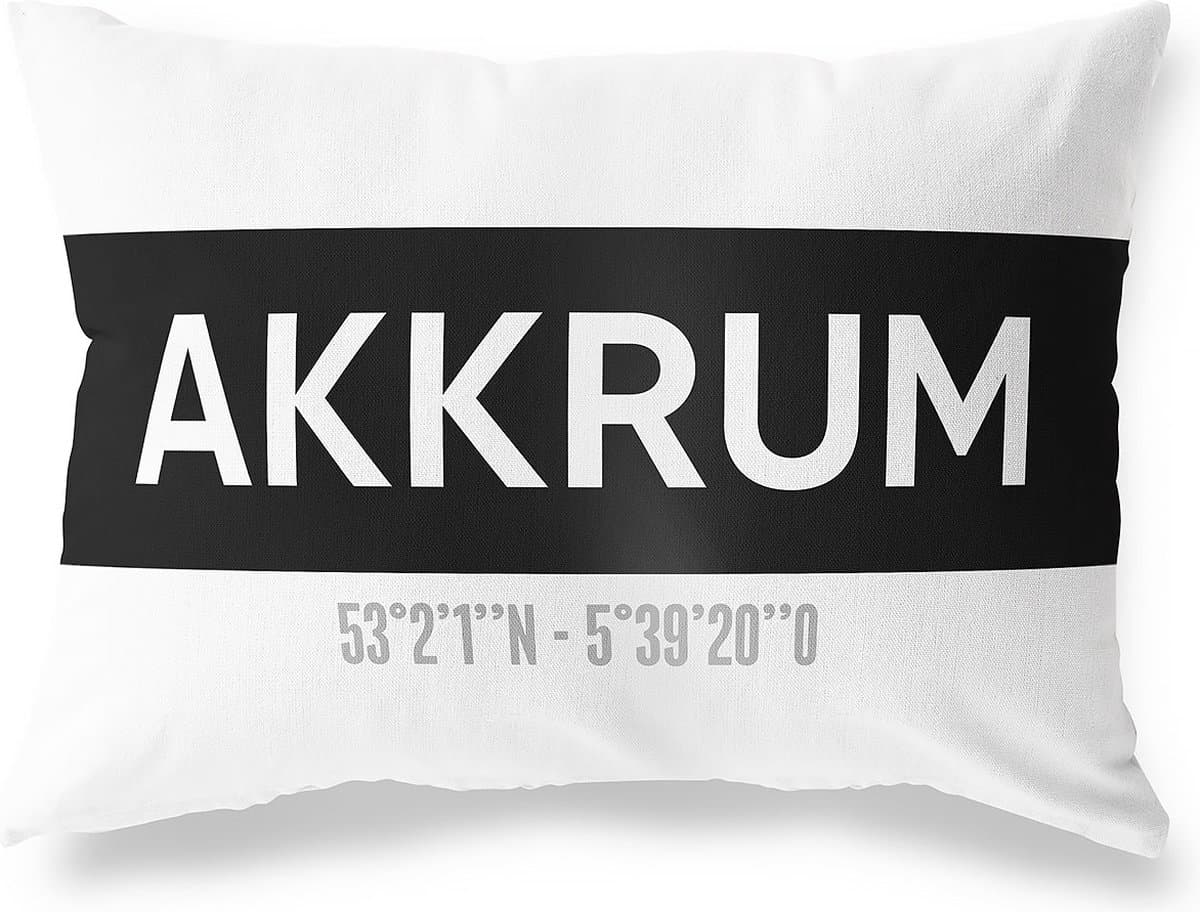 Tuinkussen AKKRUM - FRIESLAND met coördinaten - Buitenkussen - Bootkussen - Weerbestendig - Jouw Plaats - Studio216 - Modern - Zwart-Wit - 50x30cm