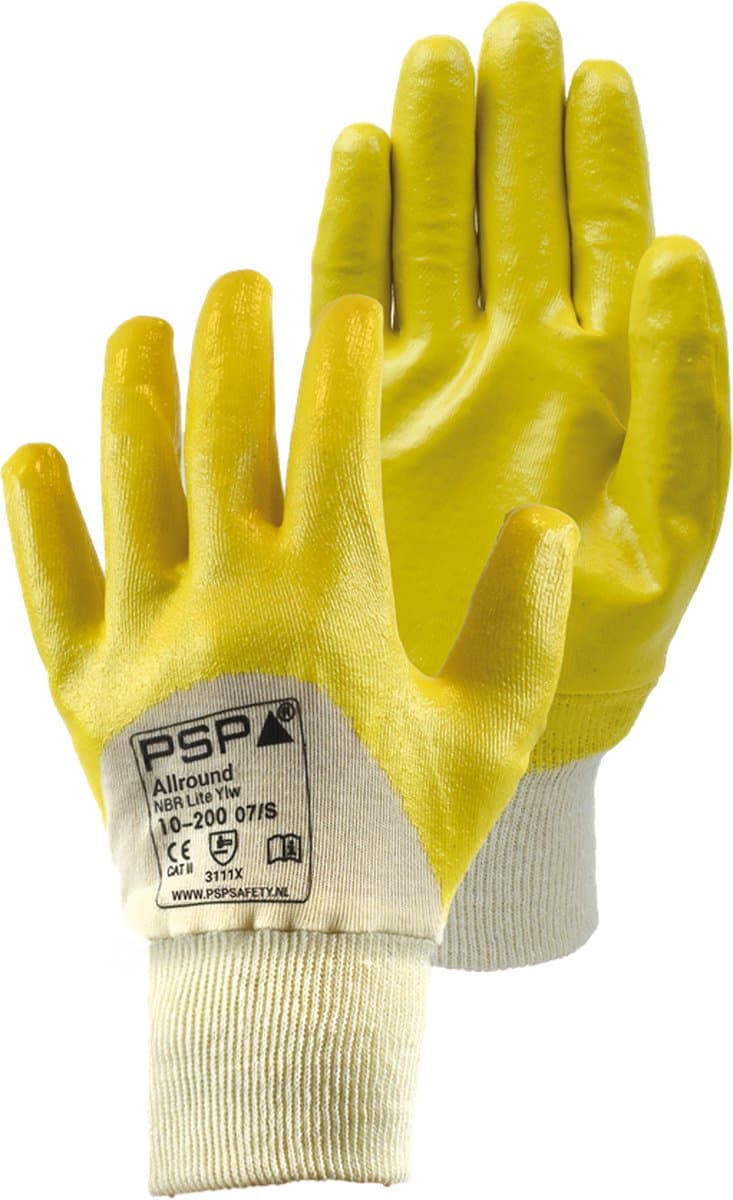 1x 12 paar - Werkhandschoenen PSP 10-200 Allround NBR Lite, Ademende rug Geel (per 12 paar), maat 10