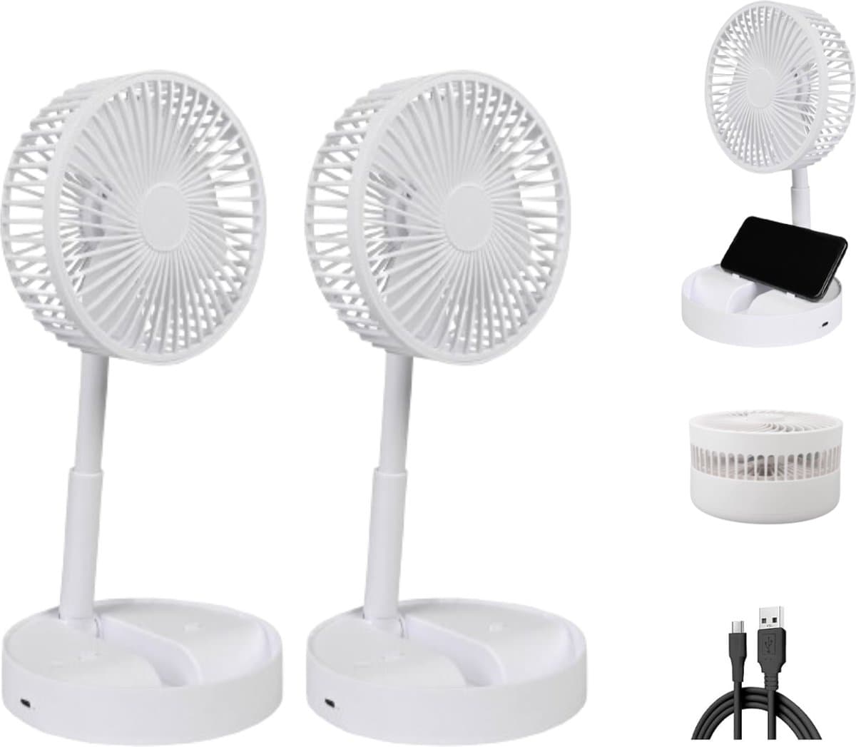 2 Stuks - Oplaadbare Ventilator - Tafelventilator - Draadloos - Statiefventilator - Drie Windsnelheden - Wit