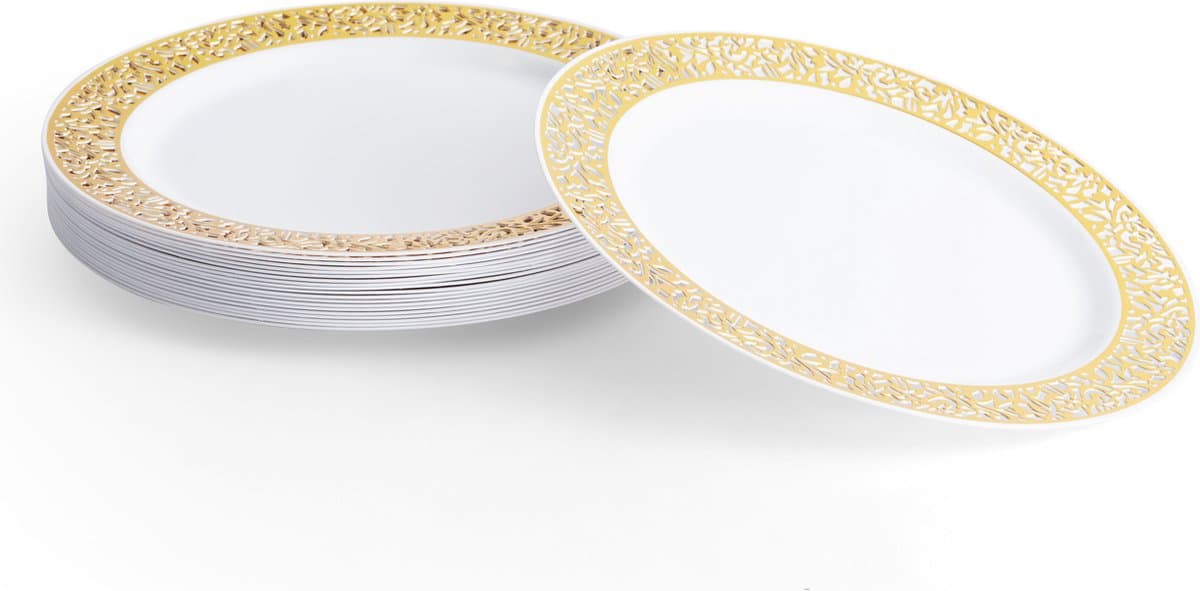 MATANA - 20 Witte Herbruikbare Plastic Borden met Gouden Rand (26cm) - Stevige en Herbruikbare Borden voor Feestjes, Bruiloften, Verjaardagen, Kerstmis
