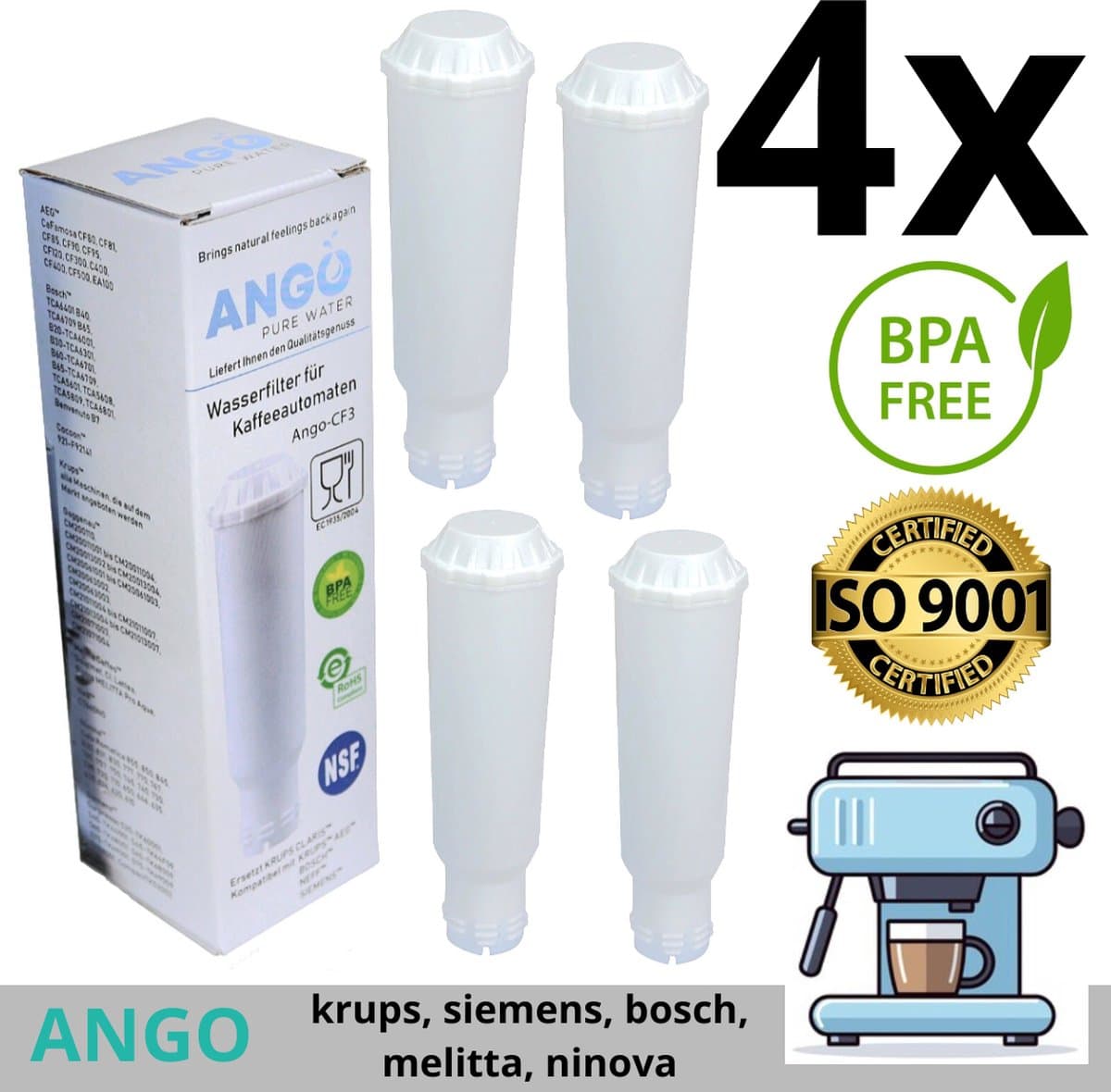 4 x ANGO Waterfilter vervanging voor Krups, Melitta, Nivona en andere koffiemachines, compatibel met Krups Aqua/Pro Aqua/F088 - U krijgt schoner en frisser water, waardoor verontreinigende stoffen worden verminderd.