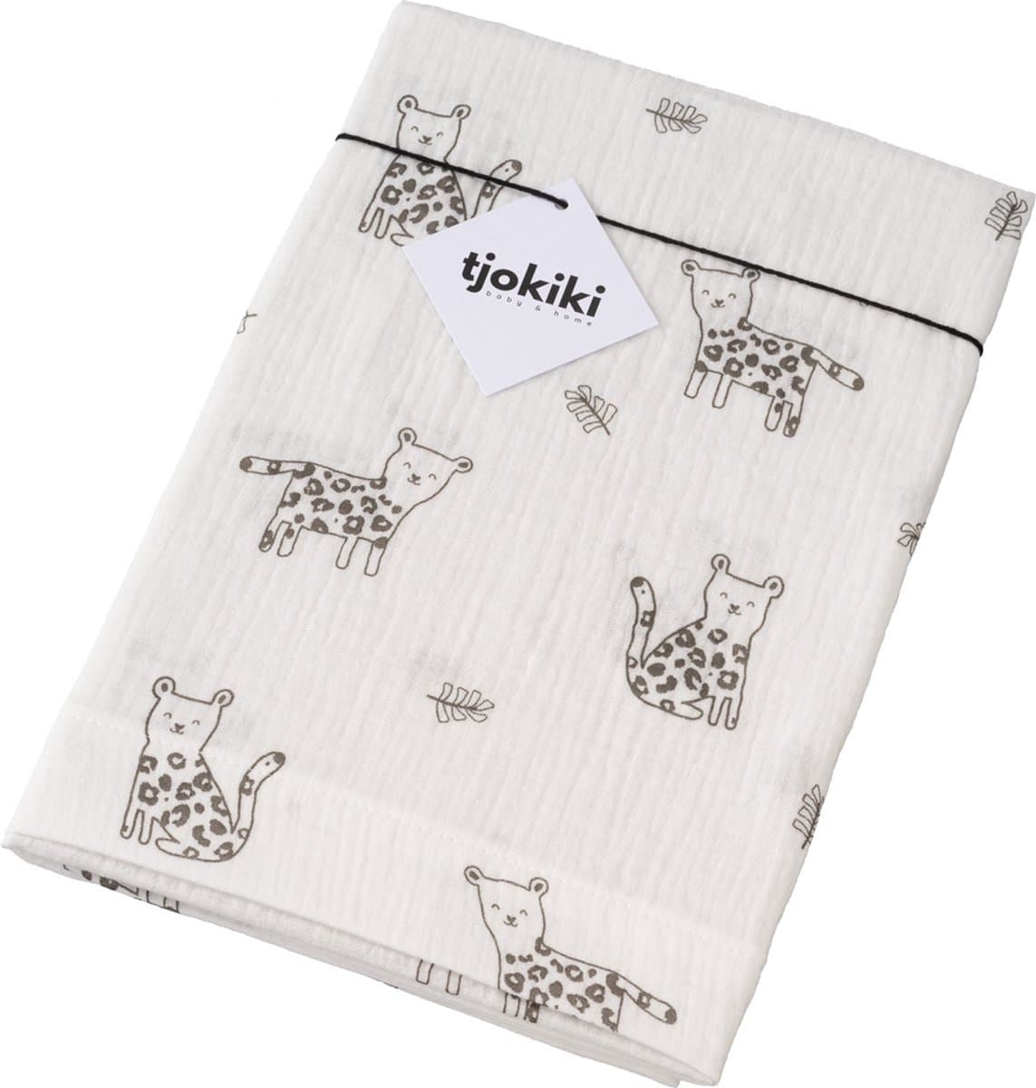Tjokiki wieglaken - pussycat panter - hydrofiel katoen - 75x90 cm - offwhite/taupe