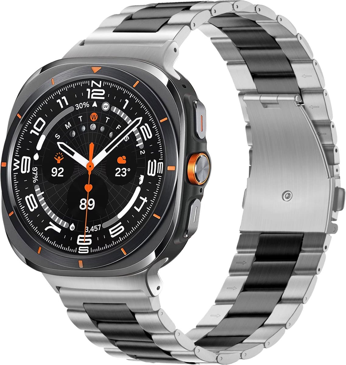 Bandz Stalen schakel band 'Classic' met vlindersluiting - geschikt voor Samsung Galaxy Watch Ultra / Ultra 2025 - inclusief horloge inkort set (zilver/zwart)