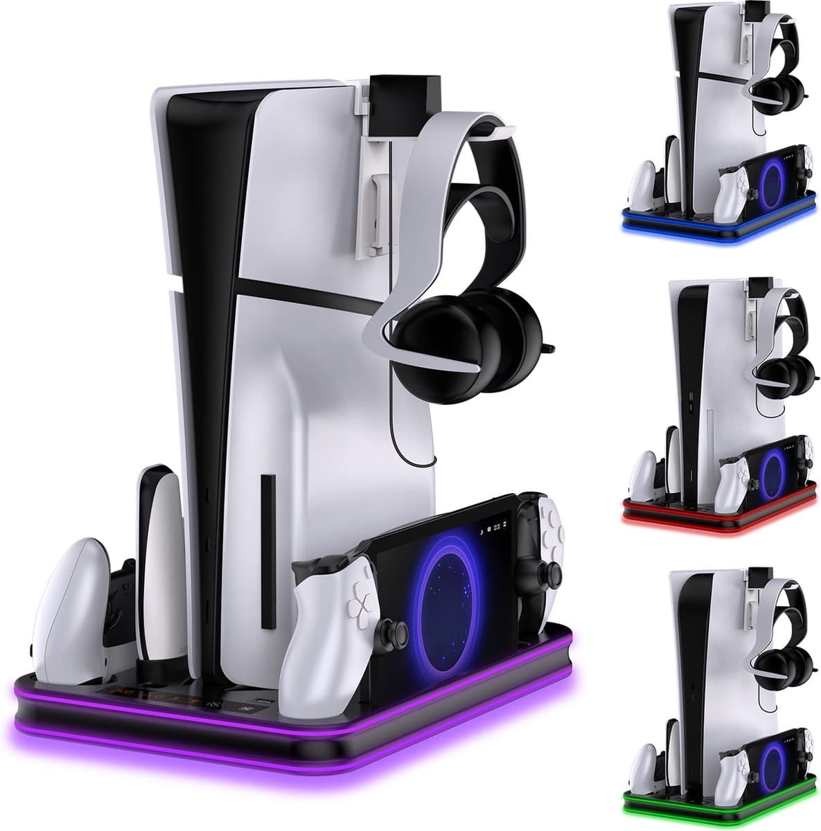 PlayCool all-in-one Multifunctionele RGB Oplaadstation- en Displaystandaard Geschikt voor PlayStation 5/ PS5 Slim/ PS5 Pro (Disc & Digital) & PlayStation Portal (incl. Screen Protector) - DualSense (Edge) controller