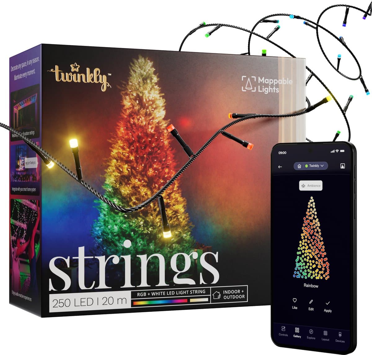 Twinkly Strings Lichtsnoer - 20M - LED Verlichting - RGB & Warm Licht - Dimbaar - Binnen & Buiten - Bluetooth Wifi - Werkt met Homekit, Homey, Google Home, Razer Chroma - Zwart