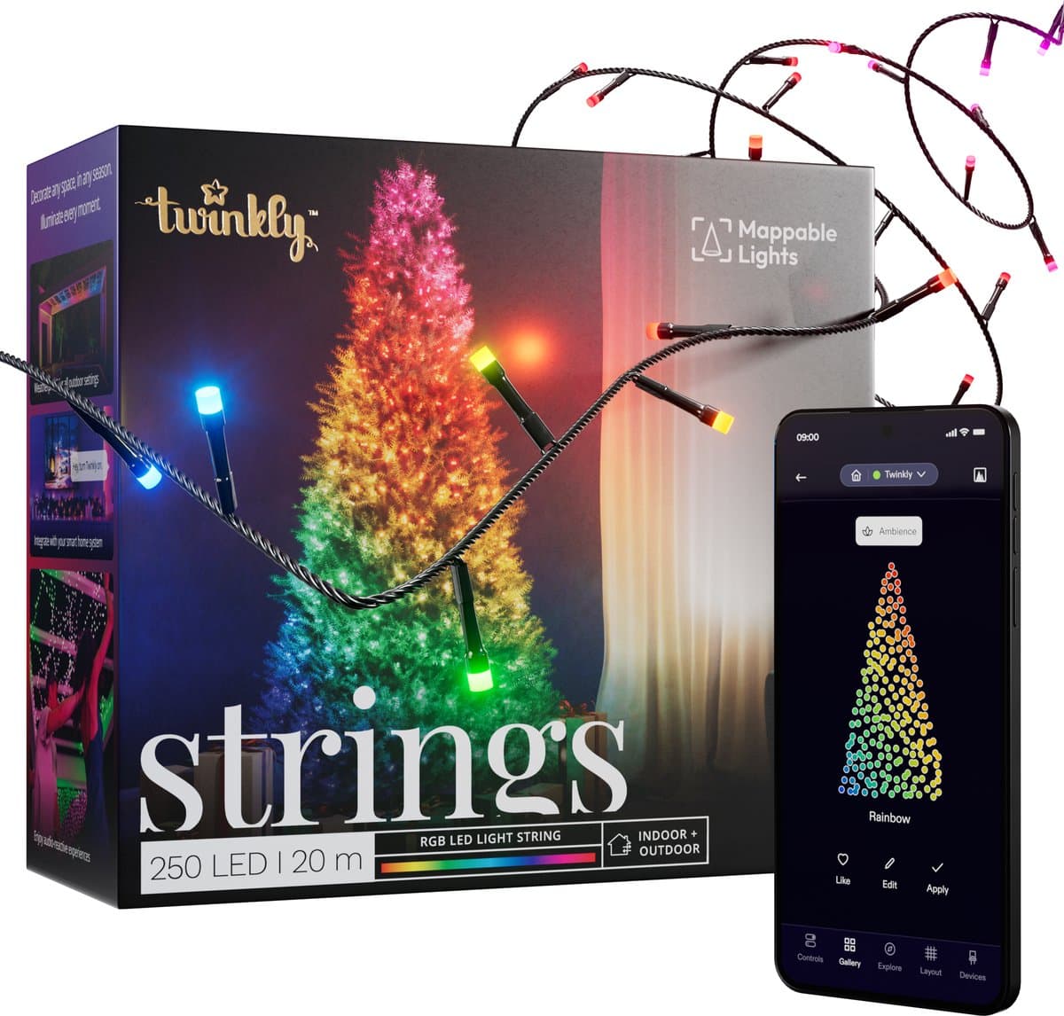 Twinkly Strings Lichtsnoer - 20M - LED - 250LED RGB - Dimbaar - Binnen & Buiten - Bluetooth of Wifi - Werkt met Homekit, Homey, Google Home en Razer Chroma - Zwart