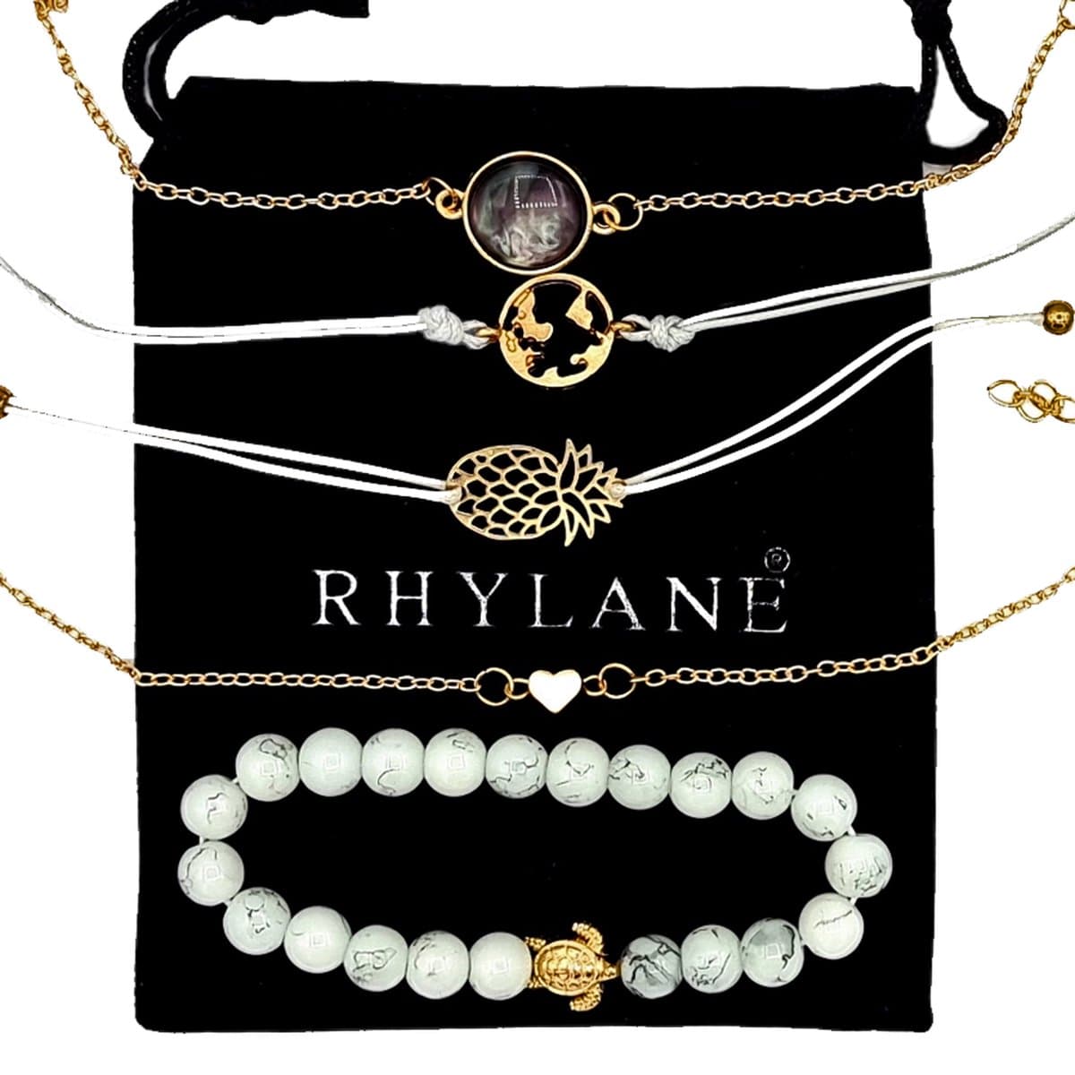 Rhylane – Set Van 5 Ibiza Armbanden - Schildpad, Hartje, Ananas, Wereldbol En Steen– Dames – Goudkleurig - 17 tot 24 cm verstelbaar