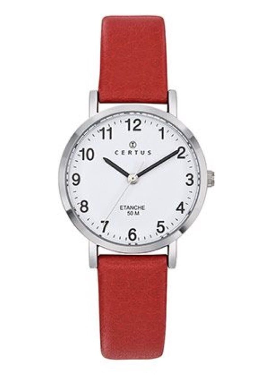 Certus-Analoog horloge-Zilverkleurig-Rood lederen band-Duidelijke wijzerplaat-30MM