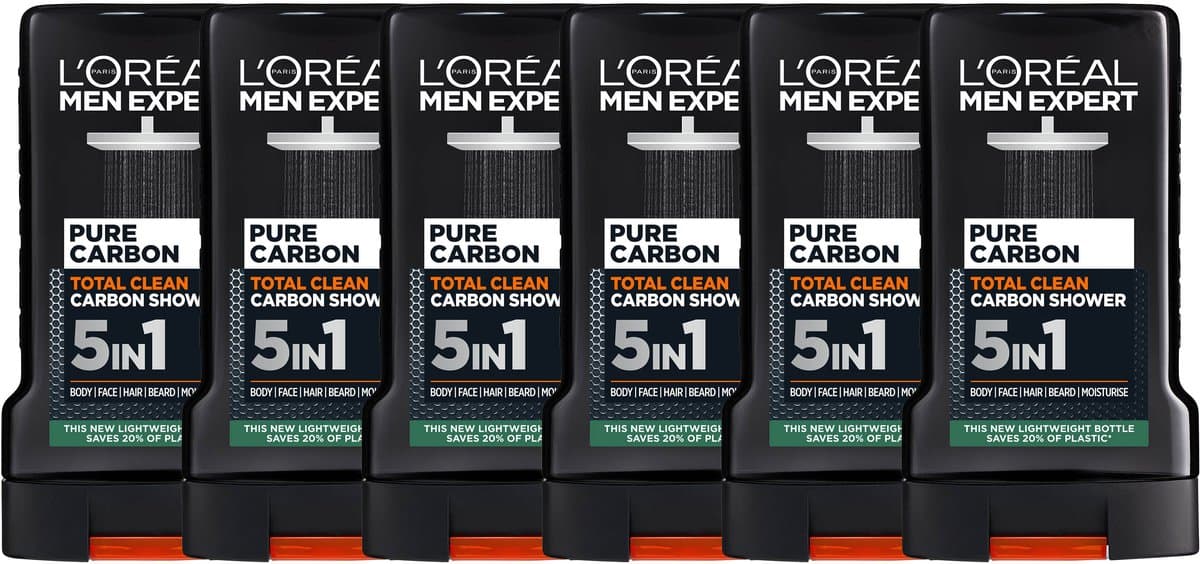 Men Expert Total Clean Carbon Shower Gel - Verfrist onmiddelijk en zuivert de huid - 5in1 formule - 250ml x6