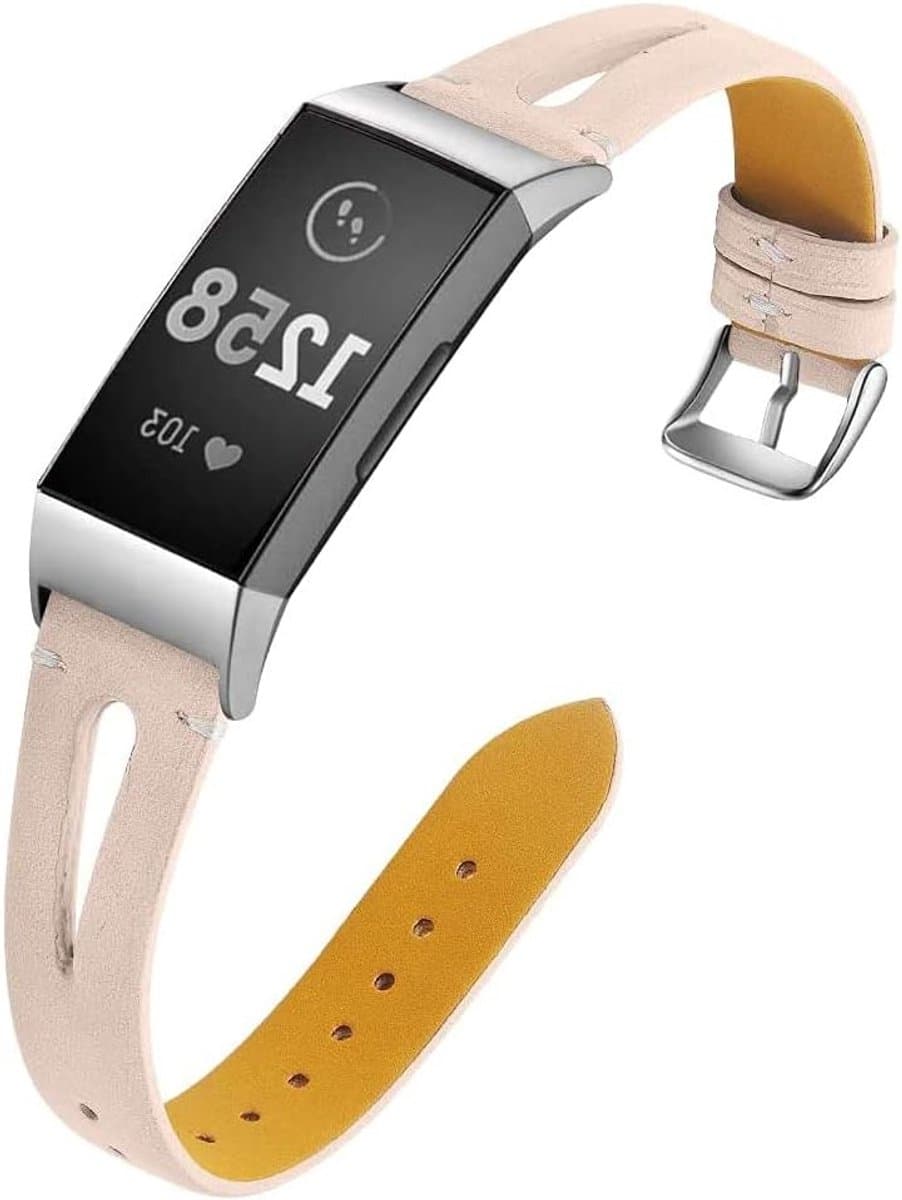 Leren Sportarmband voor Fitbit Charge 3 en 4, Ademend en Slank Ontwerp met Metalen Gesp, Vervangband voor Dames