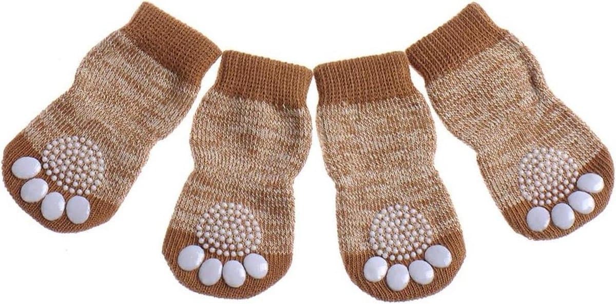 Huisdier Sokken - Hondenpoot Beschermers - Binnen Gebruik - Anti Slip Zolen - 4 Stuks - Bruin