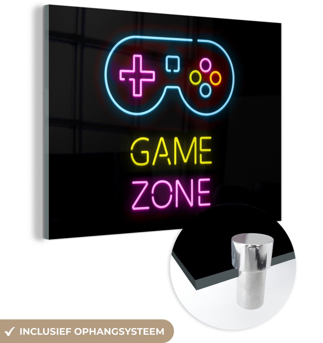 ® Glasschilderij 160x120 cm - Schilderij acrylglas - Controller - Game - Neon - Zwart - Quotes - Game zone - Foto op glas - Muurdecoratie woonkamer - Wanddecoratie slaapkamer - Schilderijen