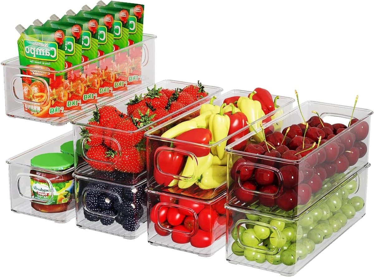 Koelkastorganizer, 8-delige set, stapelbare opbergdoos, kleine koelkastdozen met handvat, doorzichtige container voor keuken, kasten, vriezer, eetkamer