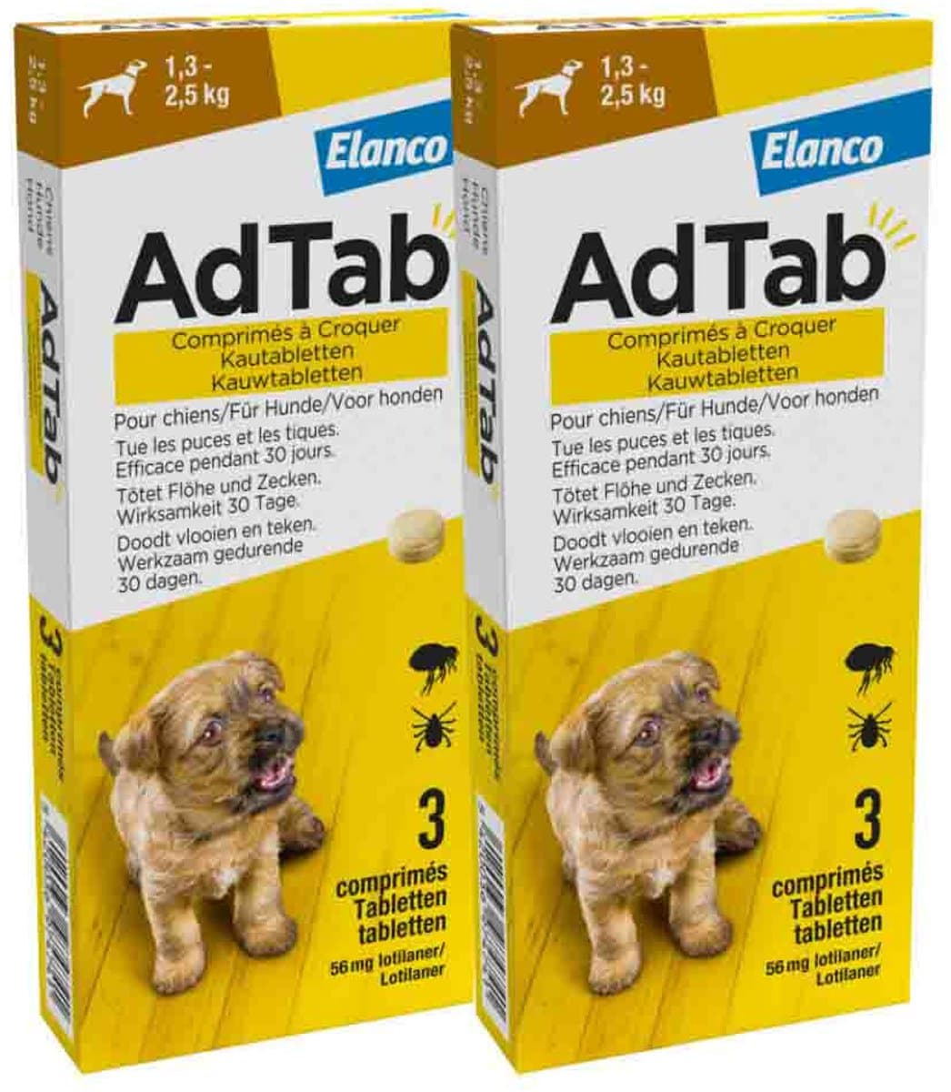 AdTab Anti Vlo en Teek Kauwtabletten Hond 1,3-2,5 kg - 2 x 3 tabletten - Voordeelverpakking
