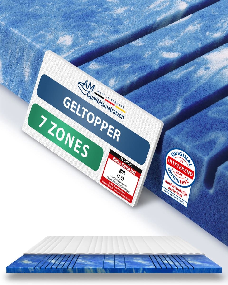 AM Qualitätsmatratzen 7 Zone Deluxe Gelschuim Topper 140x200cm (SG50) - Premiumhoogte 8 cm - Memory foam mattress topper 140 x 200 8cm - TENCEL Lyocell tijk - Zacht en aanpasbar - Made in Germany