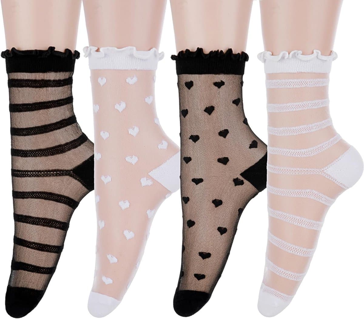 NTH products- Transparante Sokken - 4 Paar - Casual Mesh Kanten - Enkelsokken - Zwart/Wit - Ruches Design - Schattig en Sexy