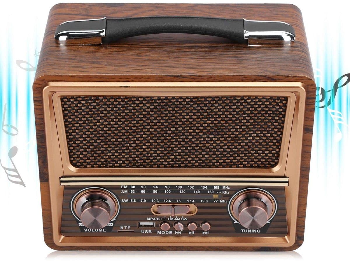 Golden crown - Draagbare FM/AM/SW-radio - Bluetooth-luidspreker - Professionele radio met oplaadbare batterij - Houten radio - Geschikt voor thuis en