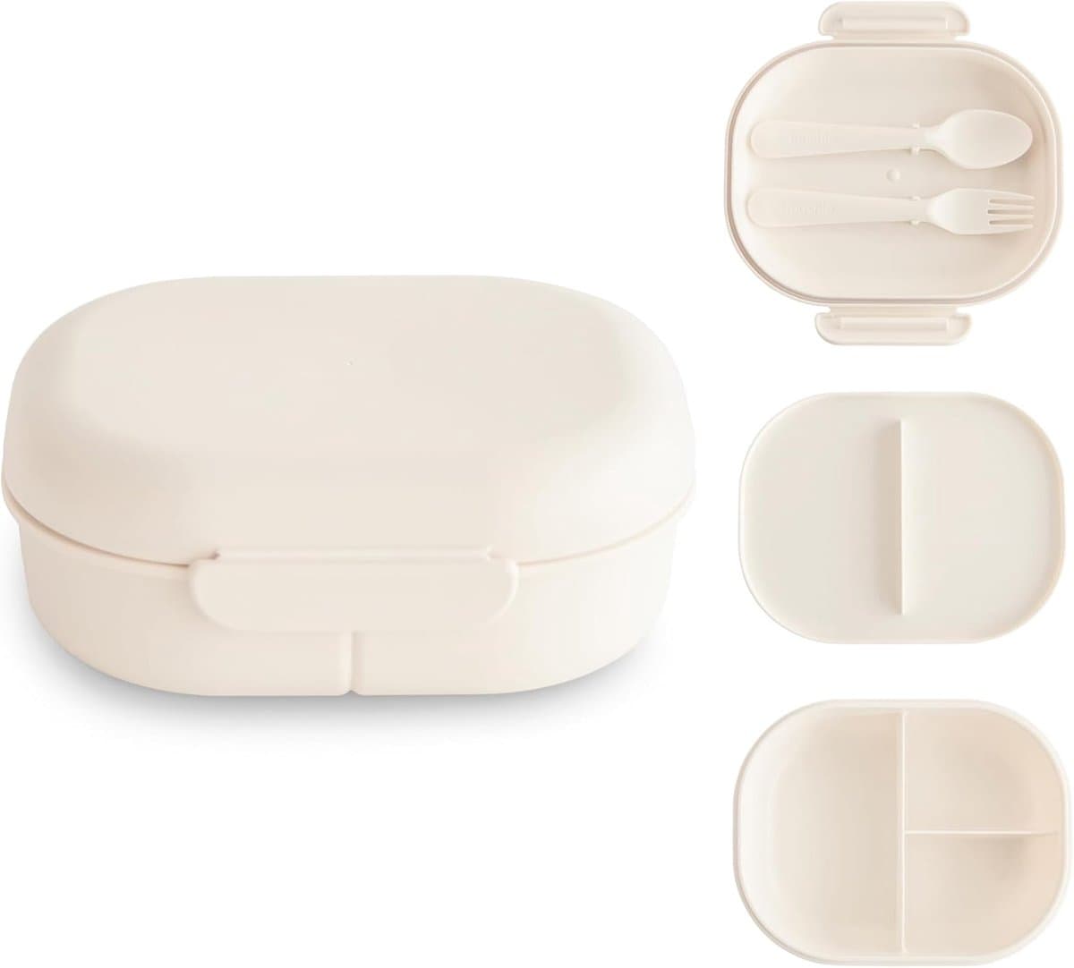 Kinder Broodtrommel Lunchbox met Scheidingswand Vakken afsluitbare Deksel en Bestek - Tussendoortjesdoos voor Kleuterschool en School (Ivory)