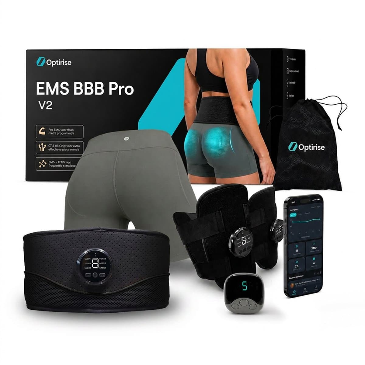 Optirise EMS - BBB V2 - Buikspiertrainers Elektrisch + Billen Trainer Elektrisch + Beentrainer - EMS Trainers - AB Roller - Buiktrainer - Cellulite Massage Apparaat - Spier Massage Apparaat - Spierstimulator - Afvallen - Fatburner - USB Oplaadbaar