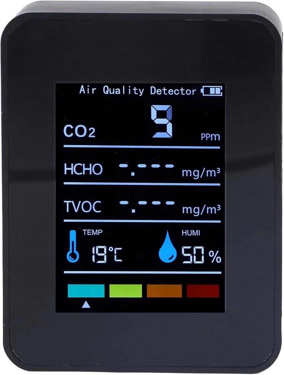 Luchtkwaliteit Monitor - CO2 Meter - Binnenmilieu Controleren - Real-time Meting - LCD Display - Zwart
