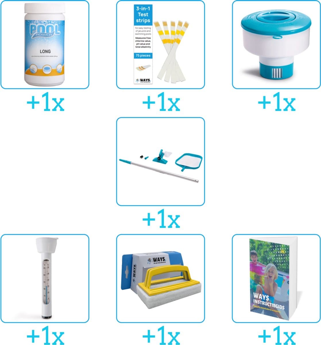 Zwembad Onderhoudspakket - Onderhoud Zwembad - bevat Chloor - Testrips - Chloordrijver - Schoonmaakset - Thermometer - Scrubborstel en Zwembadgids (7-delig)