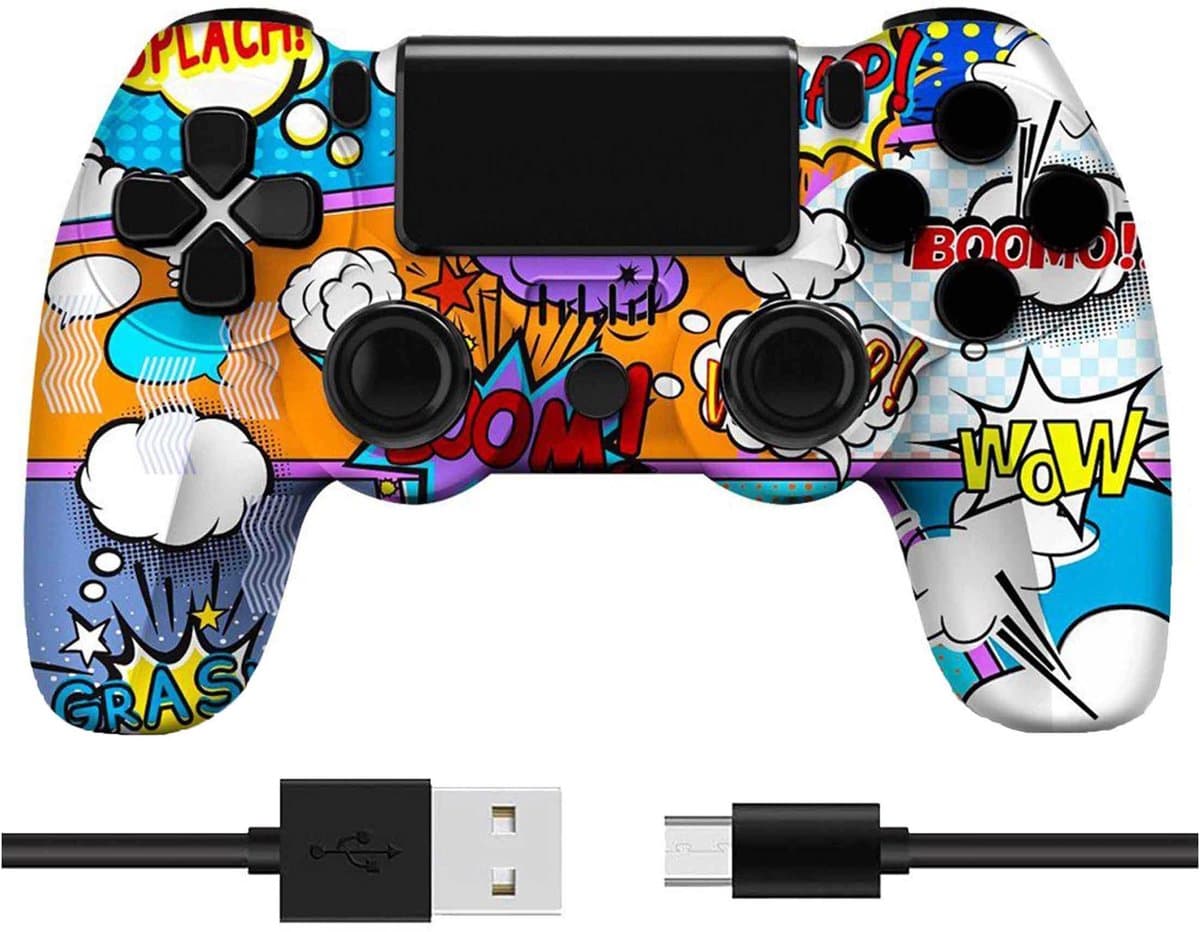 NAXSIR Draadloze PS4 Controller met Opvallend Comic Design – Bluetooth Gamepad met Explosieve Kleuren, Micro-USB Aansluiting, Oplaadbare Batterij