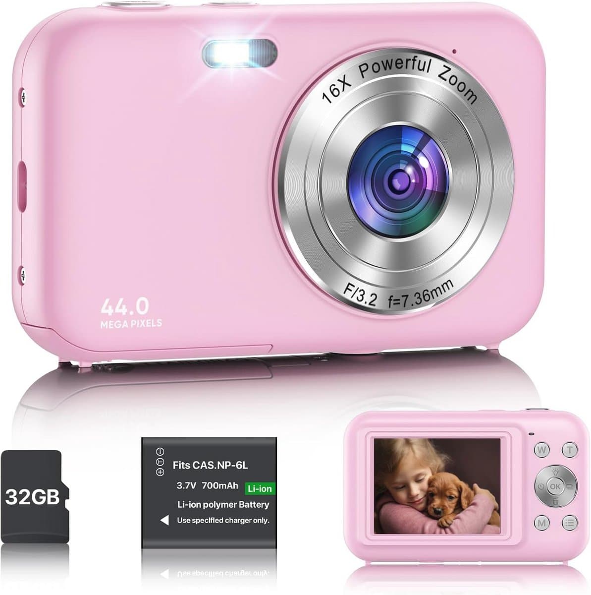 Compacte digitale camera met 32 GB kaart, 44 MP, 16x zoom en 6,1 cm LCD-scherm – Perfect voor kinderen en beginners