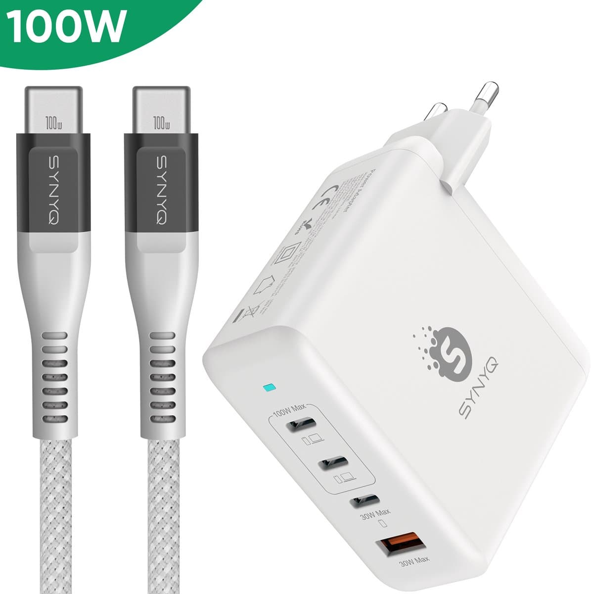 Synyq 100W GaN2 Super Snellader - 2,5m 100w USB-C kabel - 4 Poorten - Gecertificeerd - Snellader usb c - Usb c lader - Usb c oplader - Usb c adapter