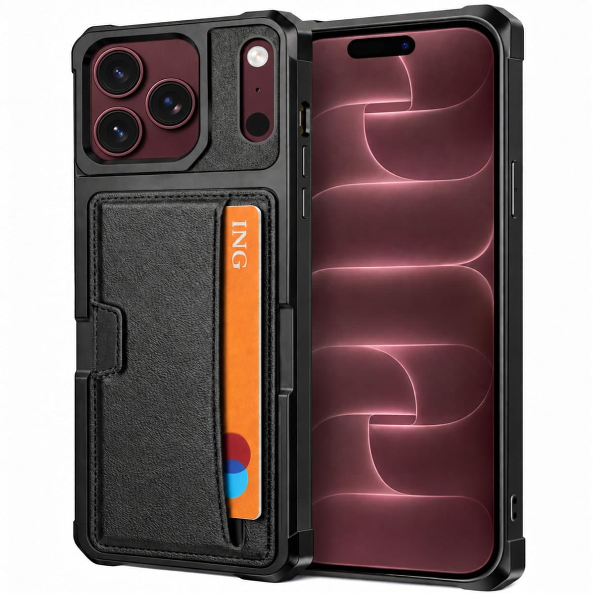 Pasjes houder Hoesje geschikt voor iPhone 18 Pro / 17 Pro - Kaarthouder - Heavy Duty Case - Magnetisch Portemonnee Hoesje Cover - Zwart
