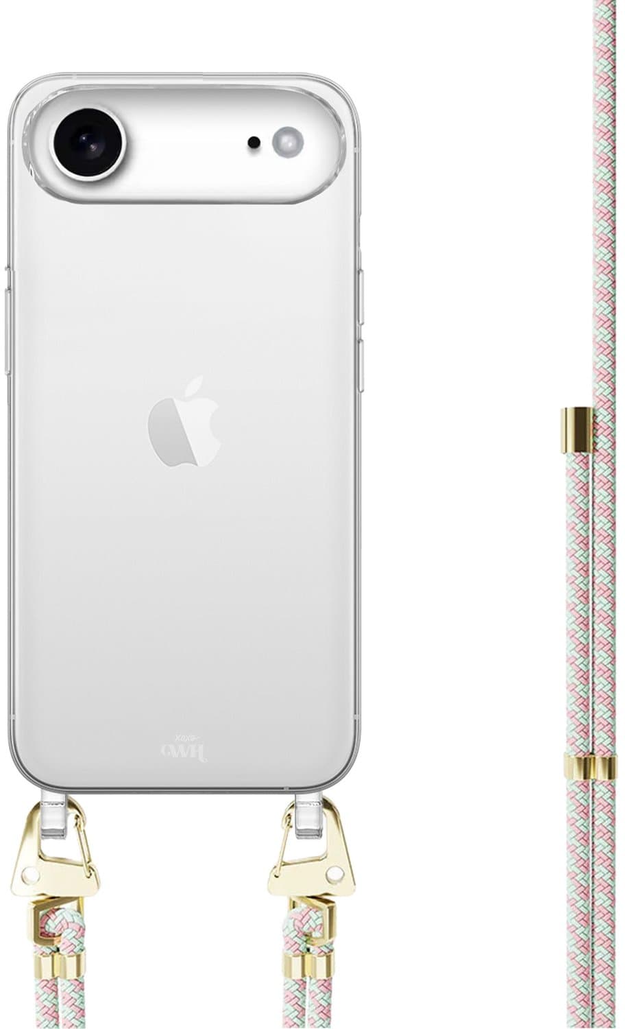 xoxo Wildhearts siliconen hoesje - Geschikt voor iPhone 17 Air - Aqua Pink - Telefoonhoesje - Hoesje met koord - telefoonkoord - Transparant hoesje - In lengte verstelbaar - Lichtblauw met roze koord