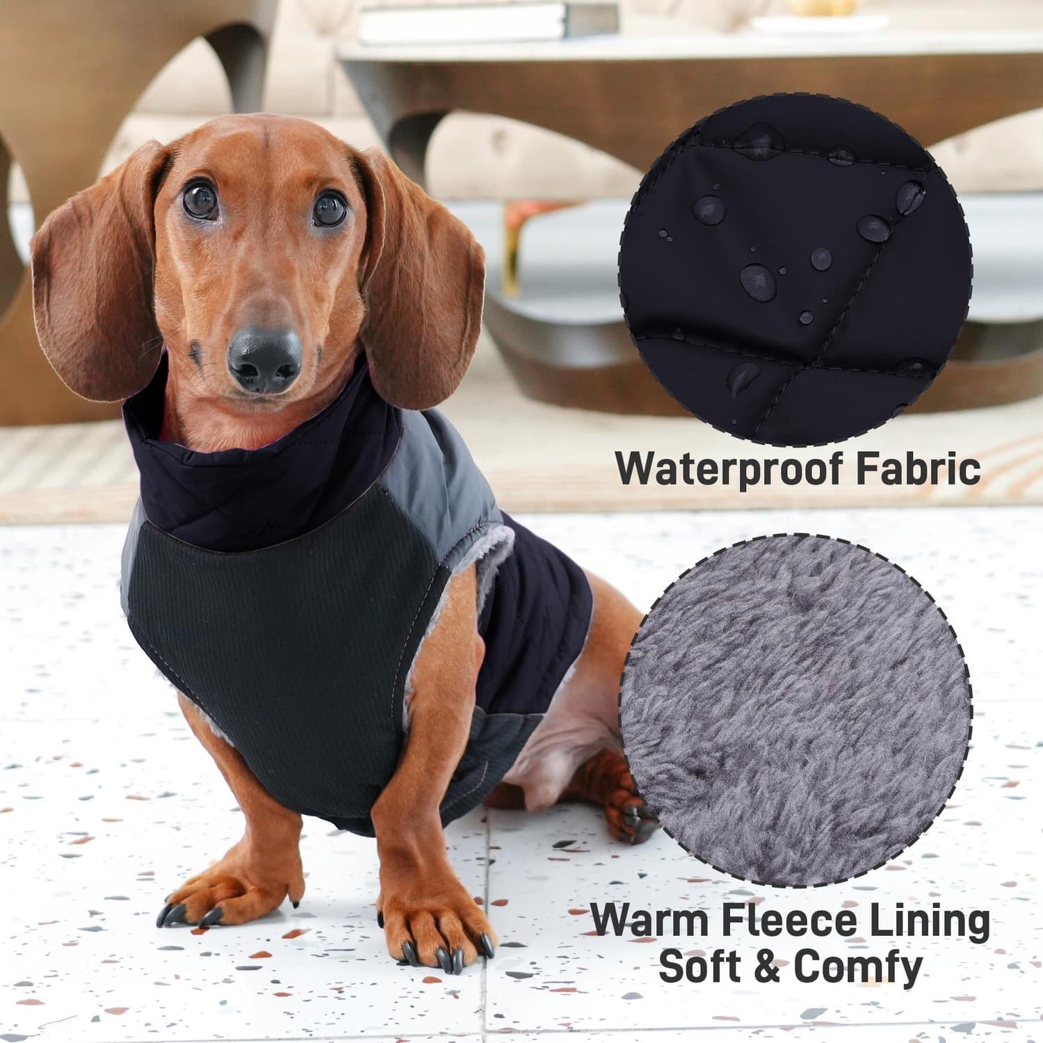 JoyDaog Warme fleece hondenjassen voor kleine honden, D-ringen, waterdichte puppyjas voor koude winter, zwart, XS - ShopVlot