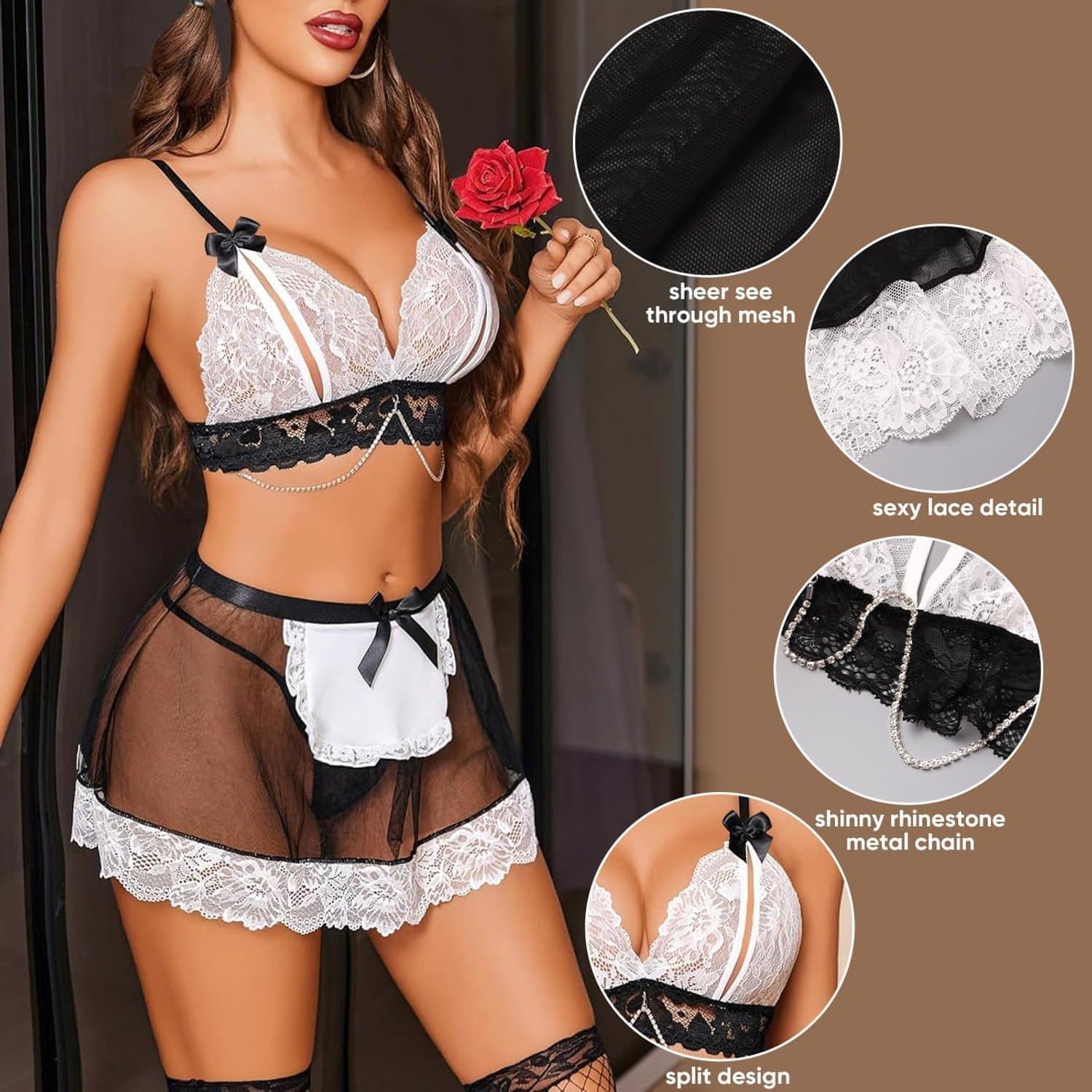 Sexy kanten maid outfit beha en net mini-jurk lingerie set Halloween dienstmeisje cosplay kostuum transparant fantasie rollenspel babydoll mesh jurk voor clubwear party