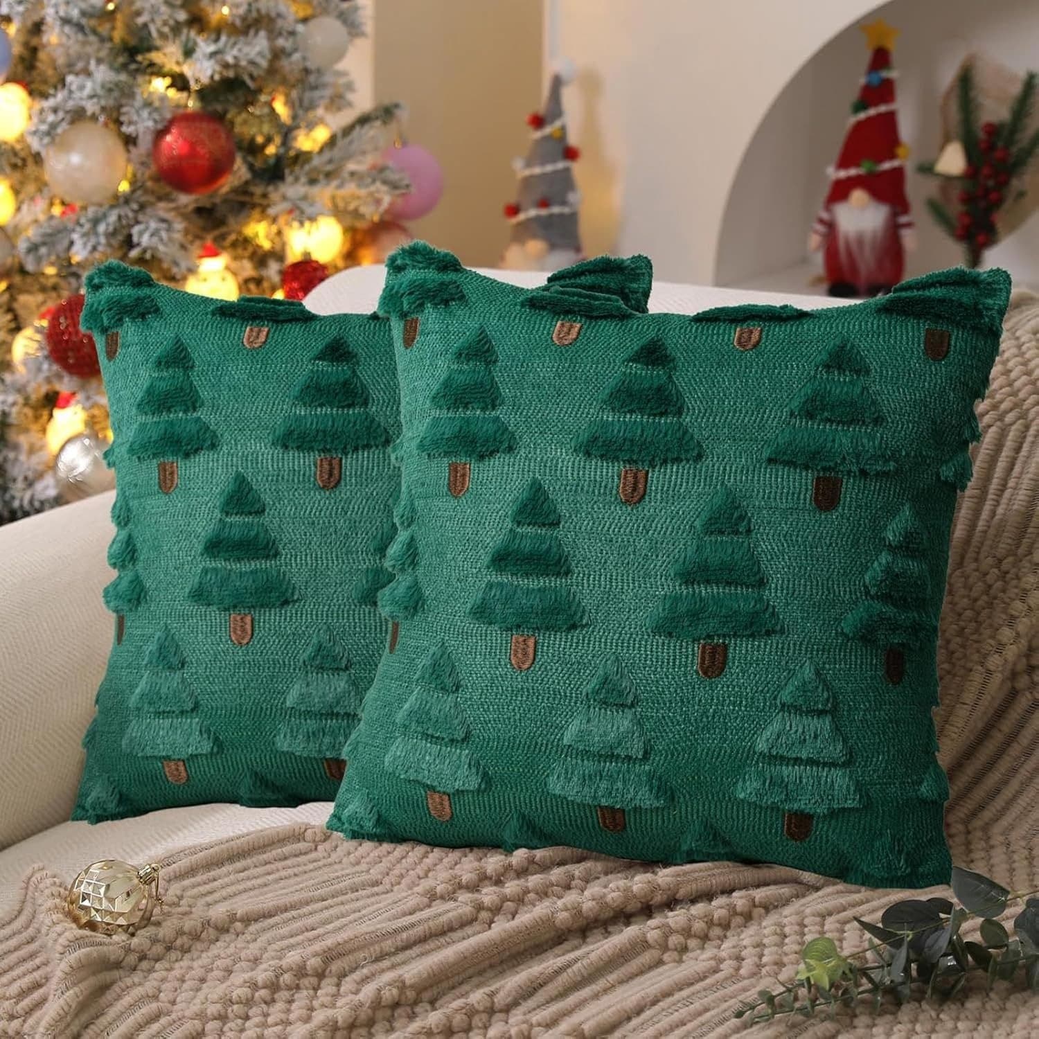 2 stuks groene kerst kussens set kerstboom kussens set zachte pluis kunstmatige wol kussens set winter vakantie decoratie bank 45x45cm - kerst huis decoratie