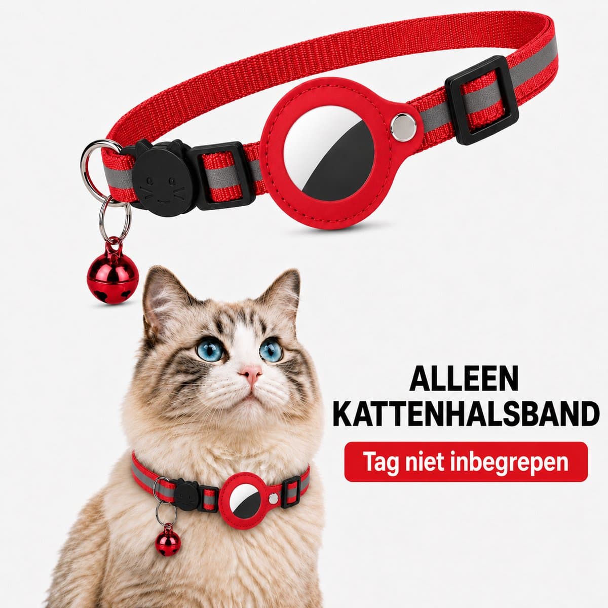 BlueTime ® - Kattenhalsband zonder Tag - Halsband Kat & Kitten met Kattenbelletje - Kattenbandje, Poes, Kattenriem air & Tuigje met Houder - Rood