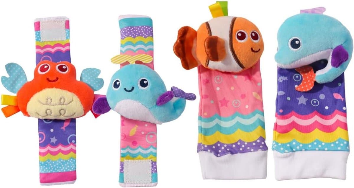 Set van 4 rammelaars en sokken in de vorm van een dierenpols voor baby's, voor sensorische ontwikkeling en vroege leercadeaus