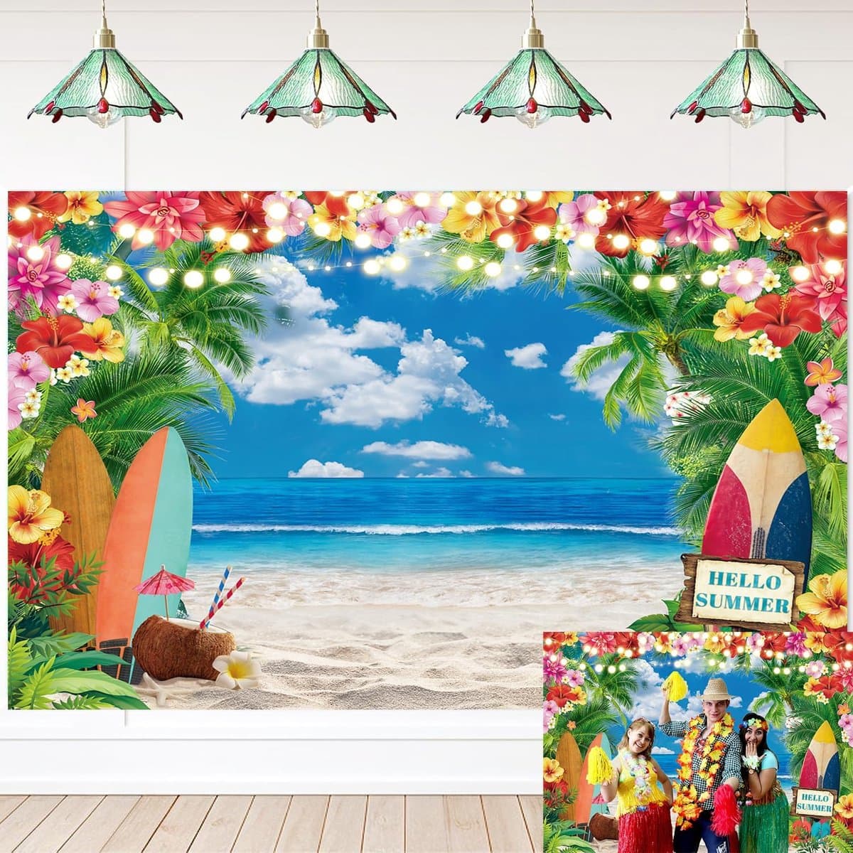 Hawaiiaans strandfeest achtergrond met tropische luau palm bloemen fotografie-achtergrond voor zomer Aloha babyborrel, verjaardagsfeestje decoraties benodigdheden (210 x 150 cm))
