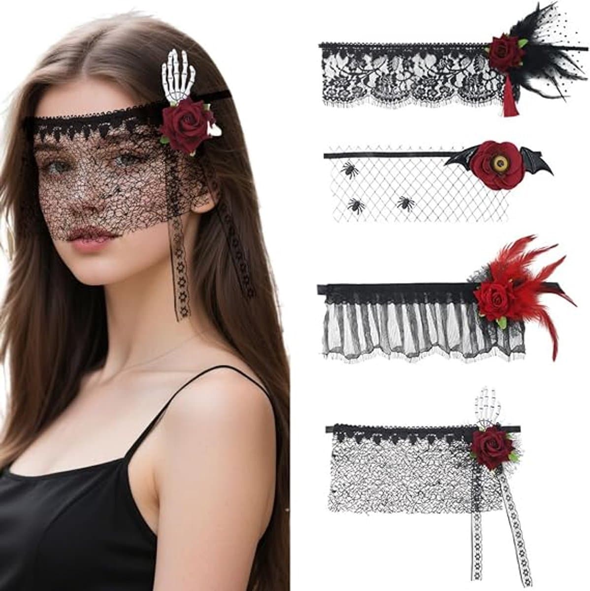 4-delige Dames Kanten Sluier Hoofdaccessoires – Vintage Kanten Bloemen Haarband – Voor Bruiloft, Bruid, Theekransje en Halloween