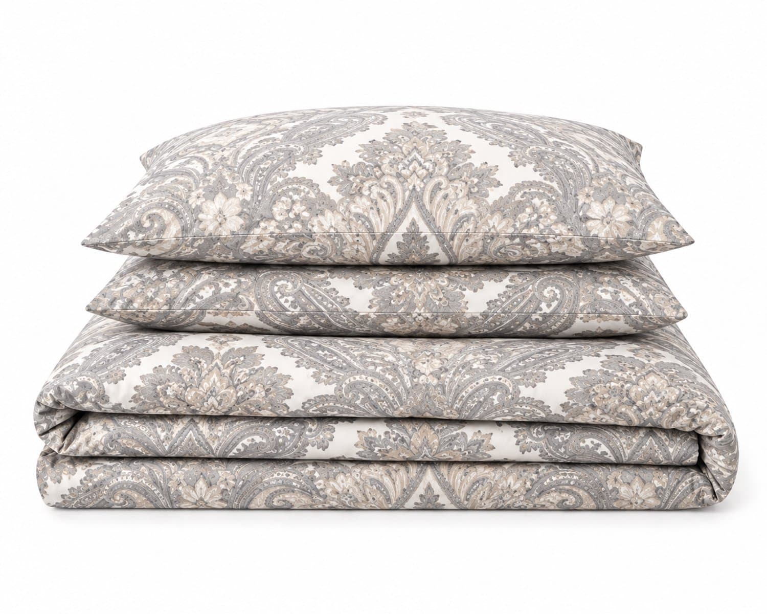 LALIVA Aurelia Tweepersoons Dekbedovertrekset – 200 x 220 cm – Damast Ornament – Wit/Grijs/Beige – 100% Katoen – 2 Kussenslopen