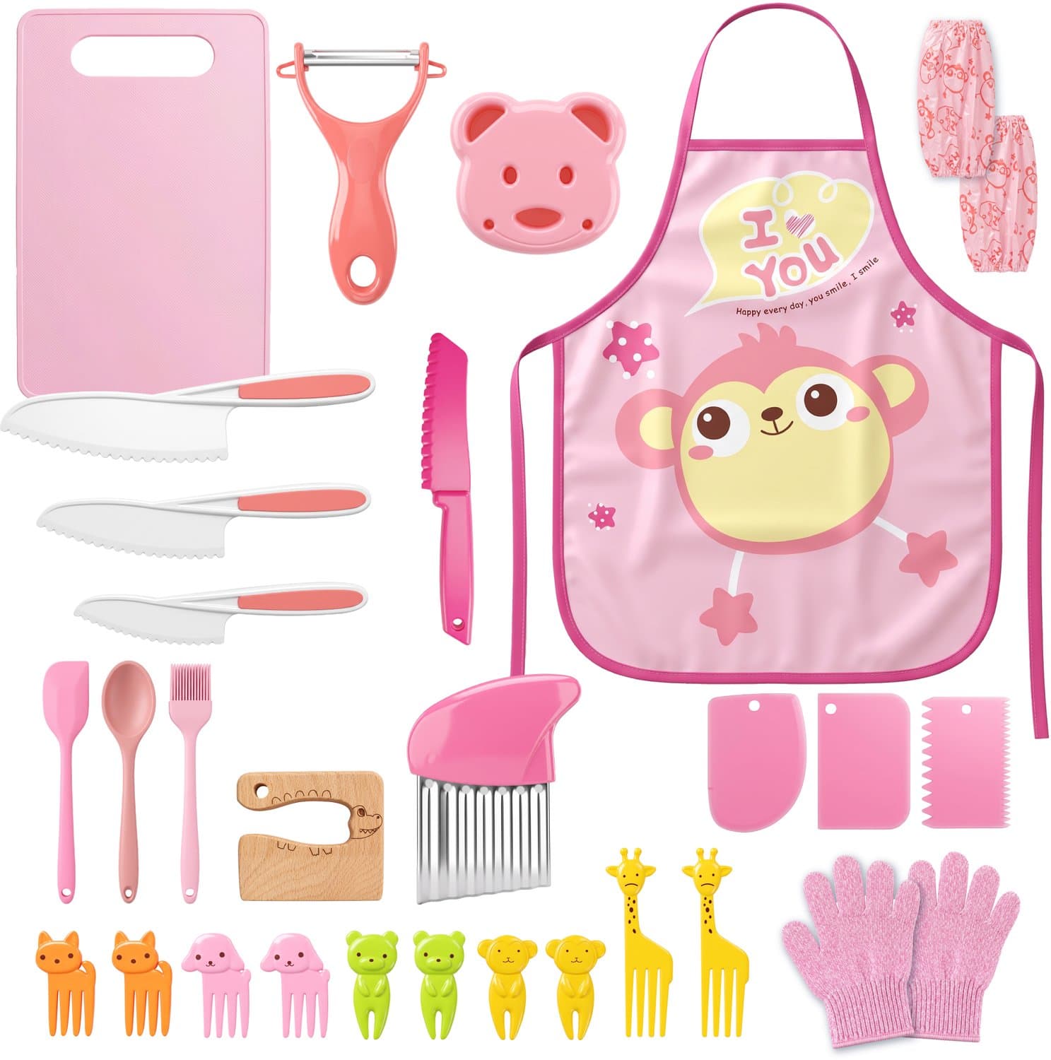 Nuvance Kindermessenset - 27-Delig - Kindermessen met o.a. Snijplank, Schilmesje, Kindermes & Frietsnijder - Kinder Kookset - Roze