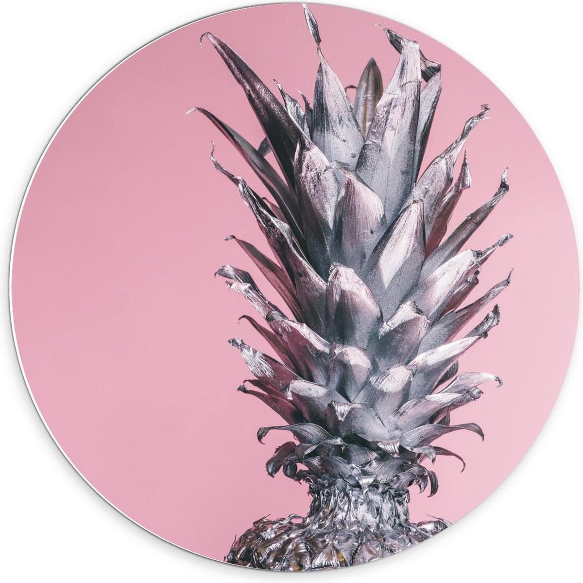Forex Wandcirkel - Zilveren Ananas op Roze Achtergrond - 70x70cm Foto op Wandcirkel (met ophangsysteem)